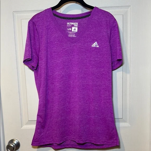 Adidas Woman’s Purple Short Sleeve Fitted Ultimate Tee V-Neck Size Large - Picture 1 of 6